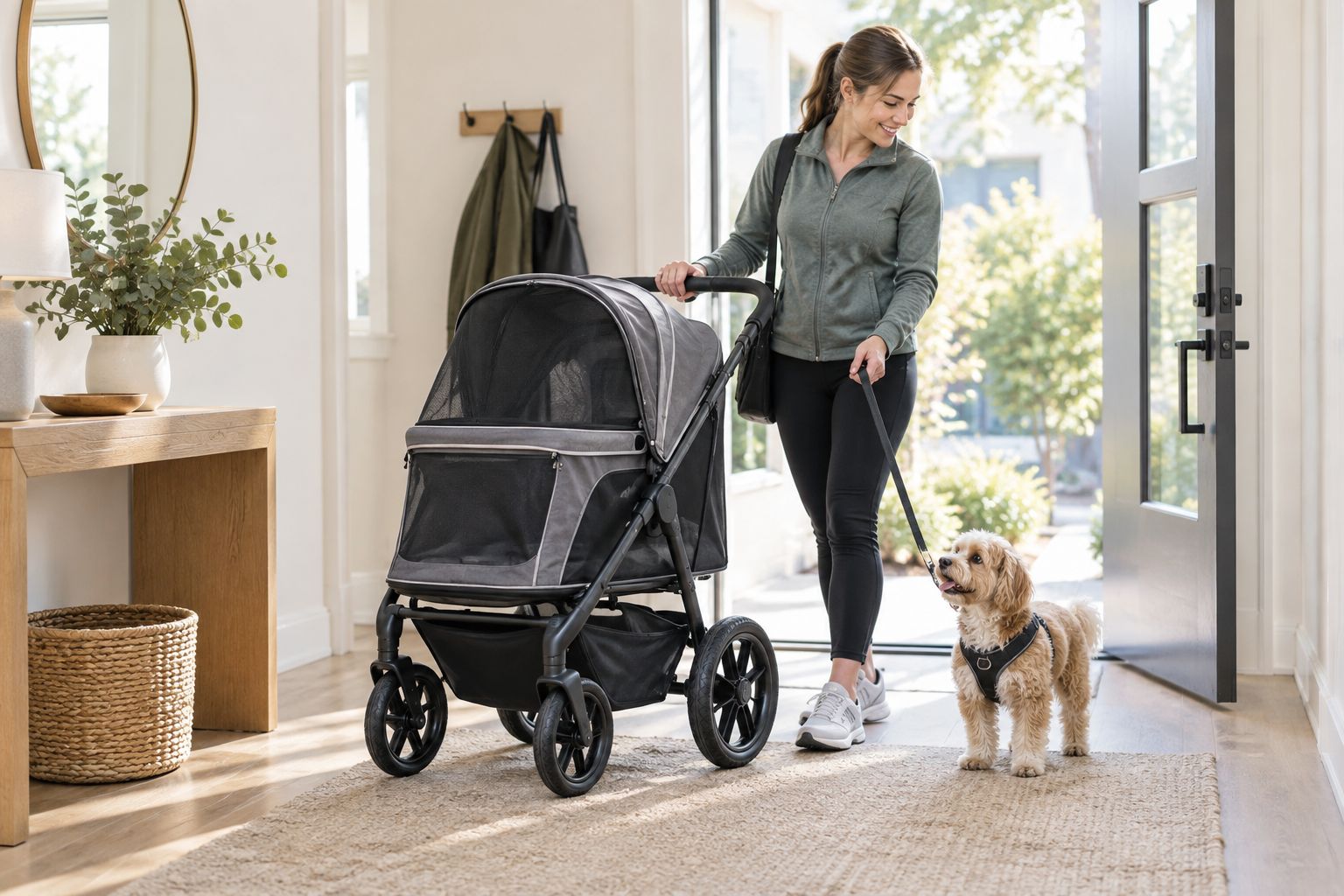 Pet sitter preparing a stroller beside a small dog in a clear apartment entryway