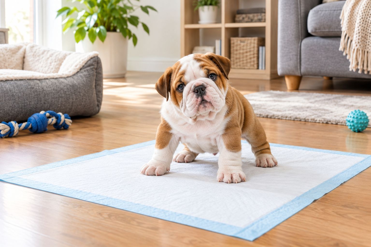 Bulldog puppy standing on a large training pad in a home corner