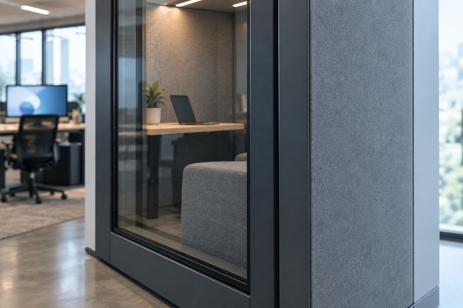 Office booth glazing with its surrounding frame and adjacent wall panel