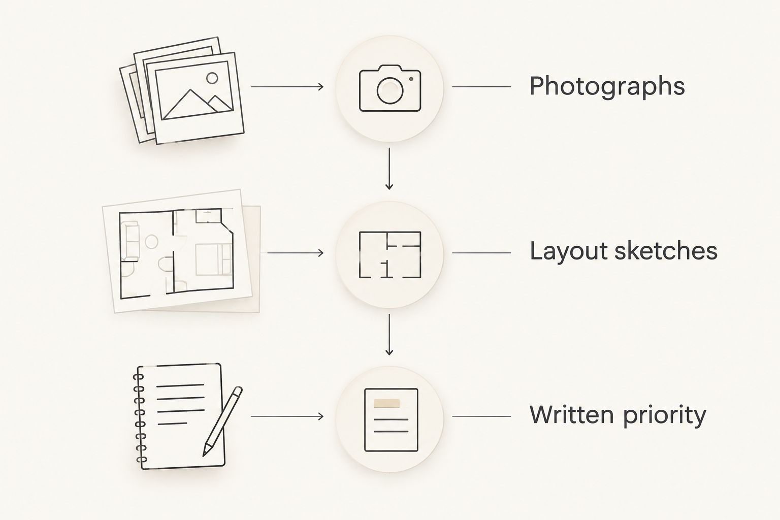 Preparation sequence showing photographs, layout sketches, and a written priority