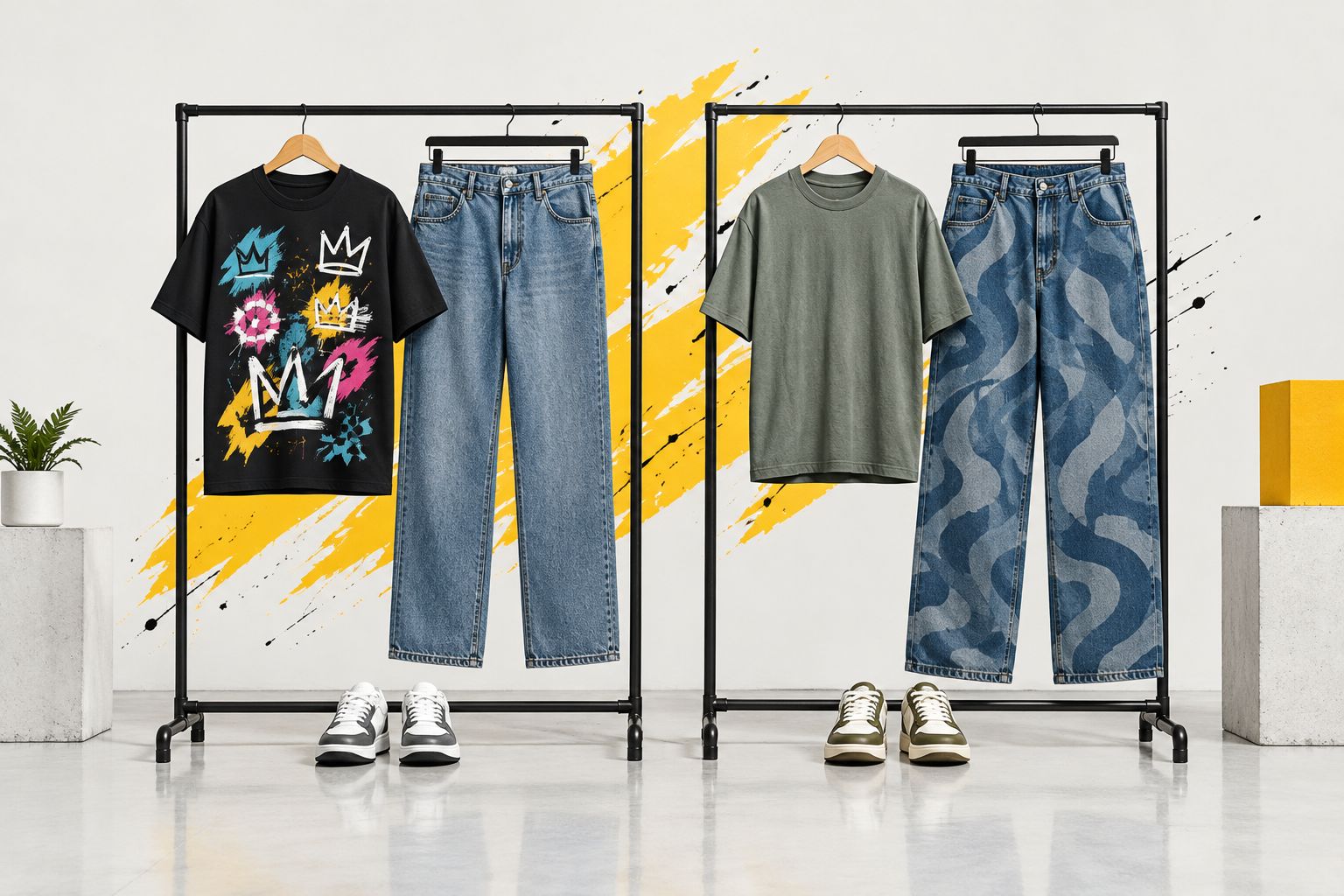 Two outfit combinations balancing statement tops with plain jeans and patterned jeans with plain tops
