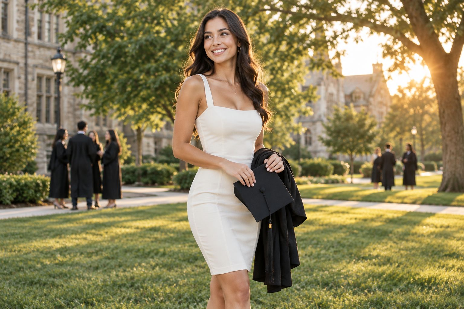 Graduate in a fitted knee-length dress holding her cap and gown outdoors