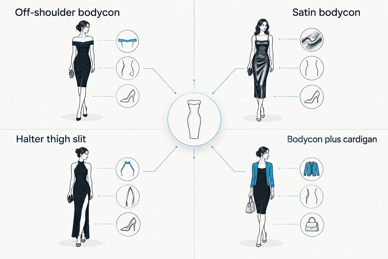 Two-column comparison of four bodycon dress options for graduation