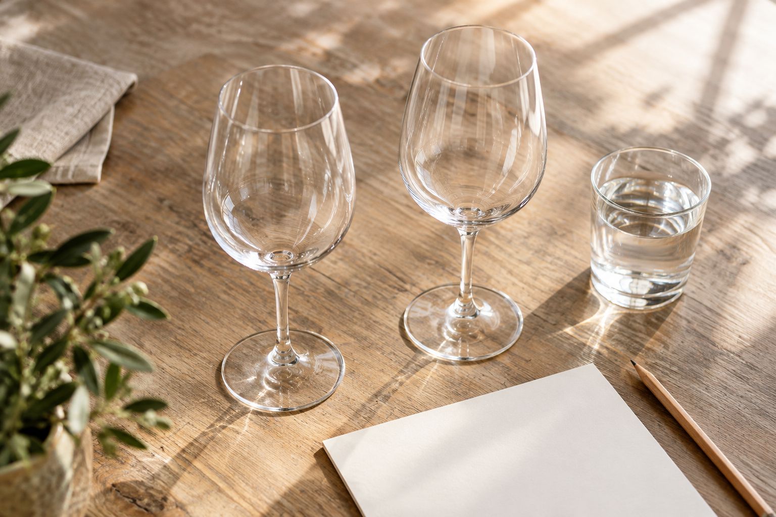 Empty matching wine glasses, water, and blank tasting paper arranged for a blind comparison