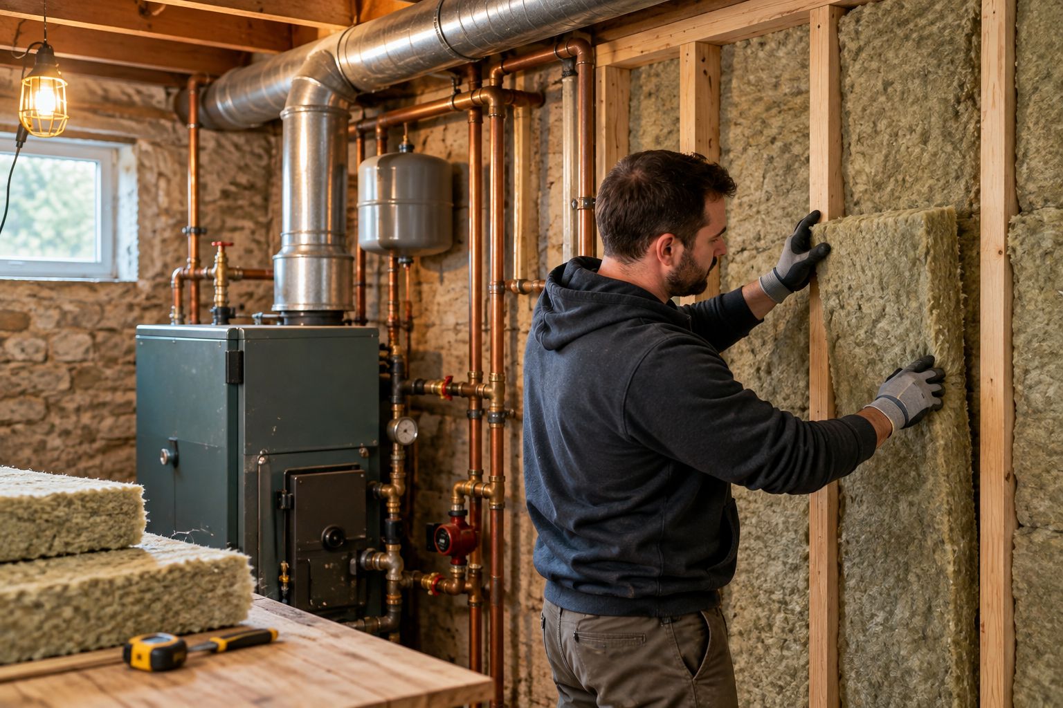 Mineral wool batts installed in a boiler room wall near heating pipes
