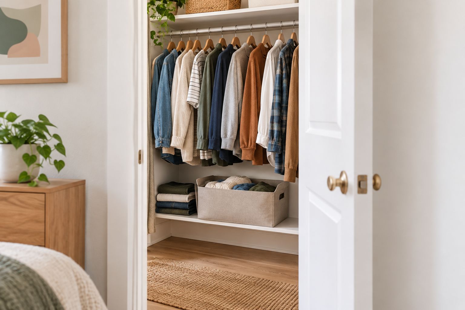 Small closet with accessible clothing, a contained donation bin, and a clear floor
