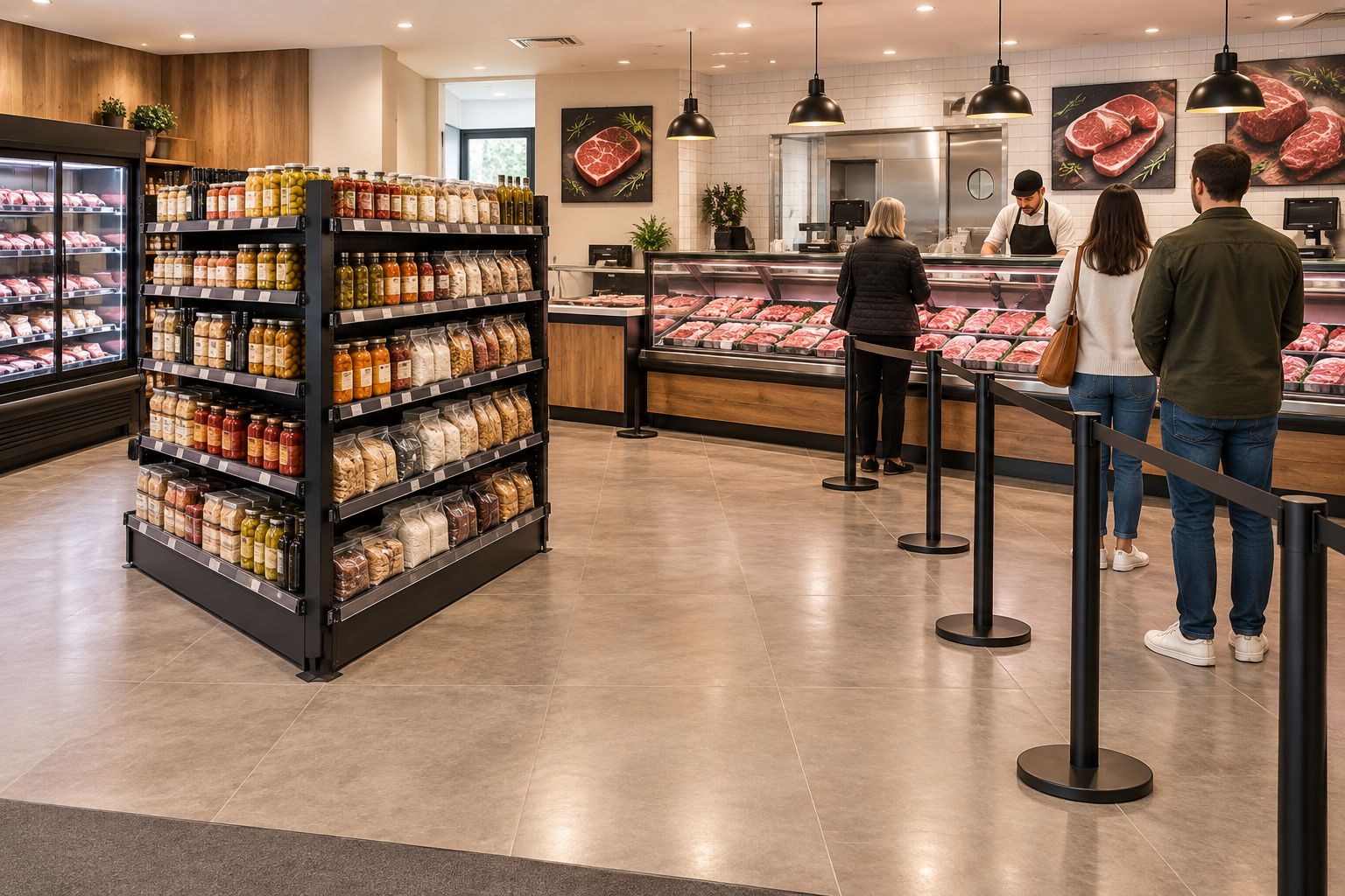 Packaged pantry goods on a freestanding shelf beside a clear route to a butcher's service counter