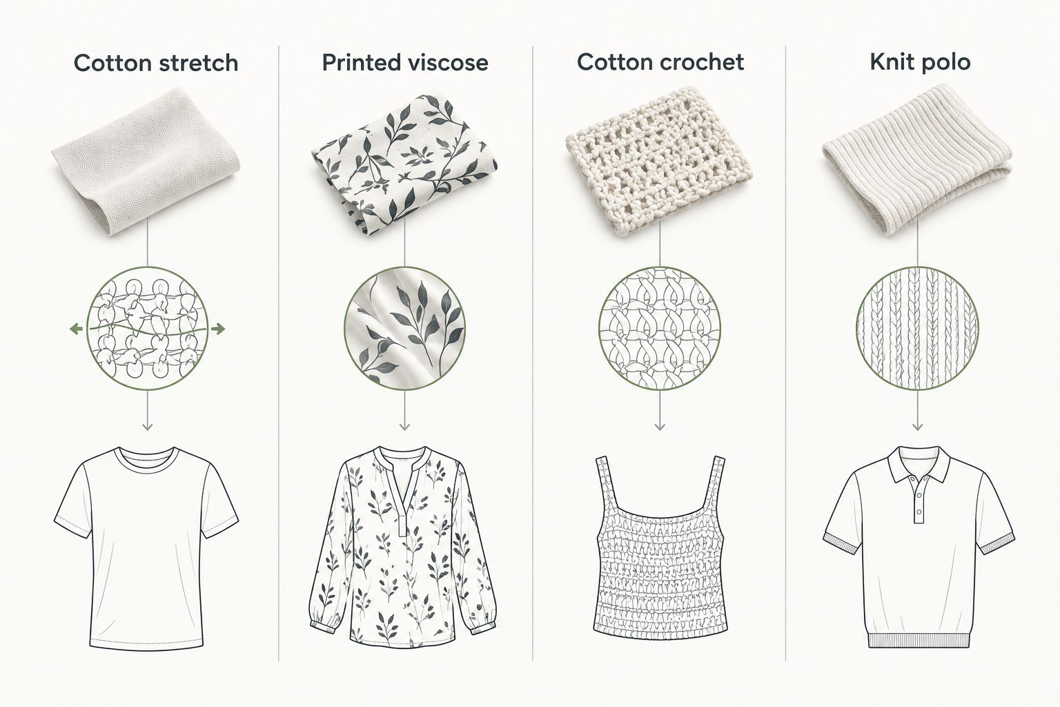 Four construction choices: cotton stretch, printed viscose, cotton crochet and knit polo
