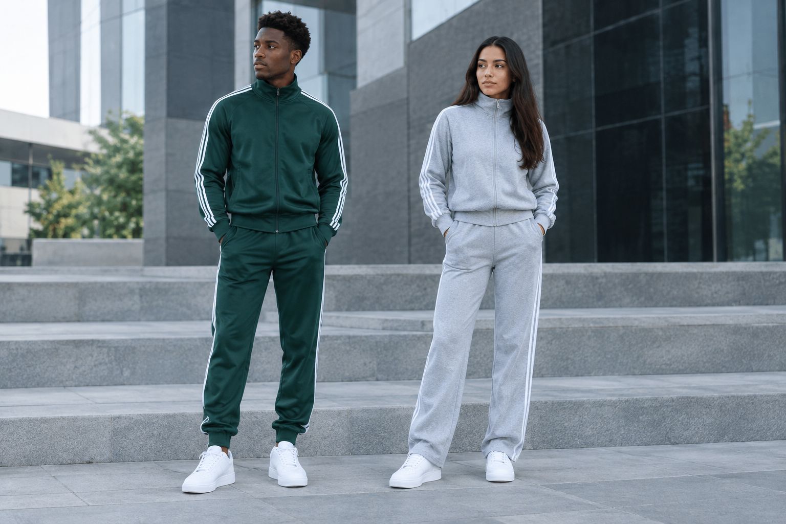 Cuffed and straight-leg tracksuit trousers showing different shapes where the hems meet sneakers.