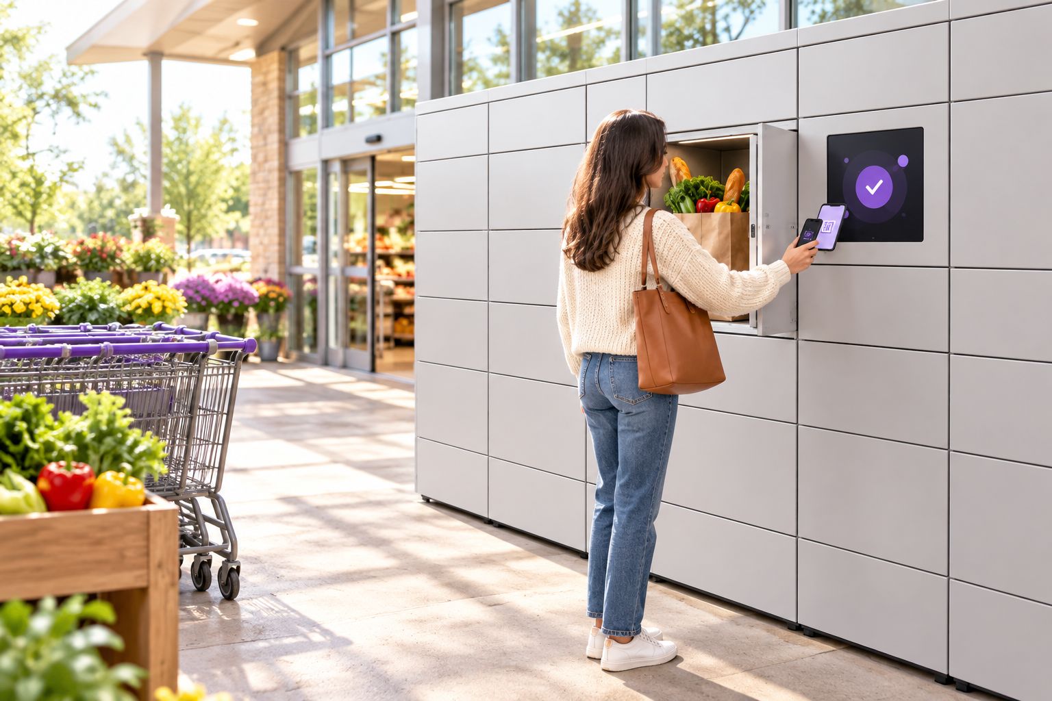 Outdoor grocery pickup locker bank with a customer retrieving an order
