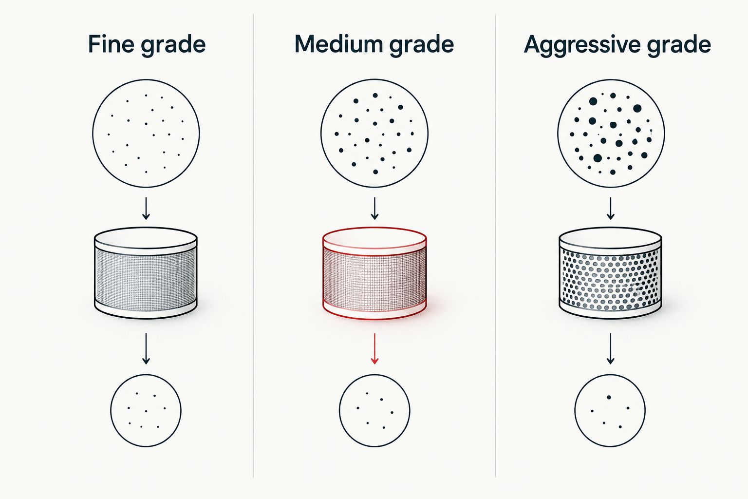 Three clay grade columns from fine to aggressive by contaminant load