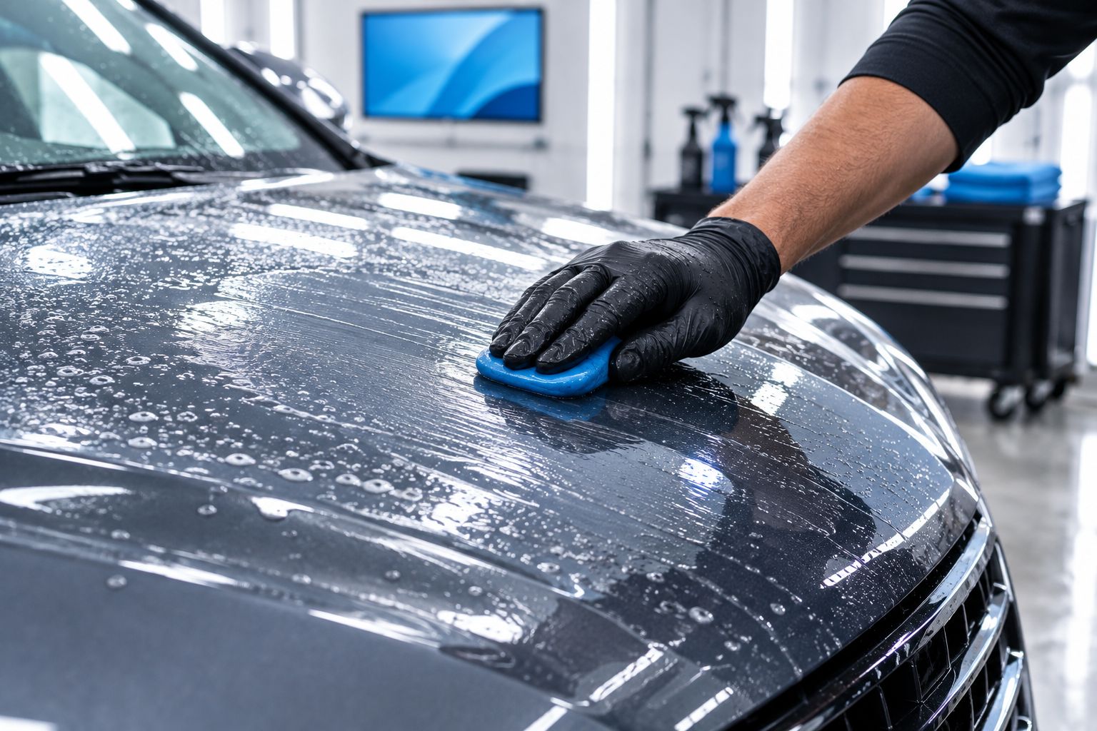 Hand gliding a clay bar across a lubricated car hood surface