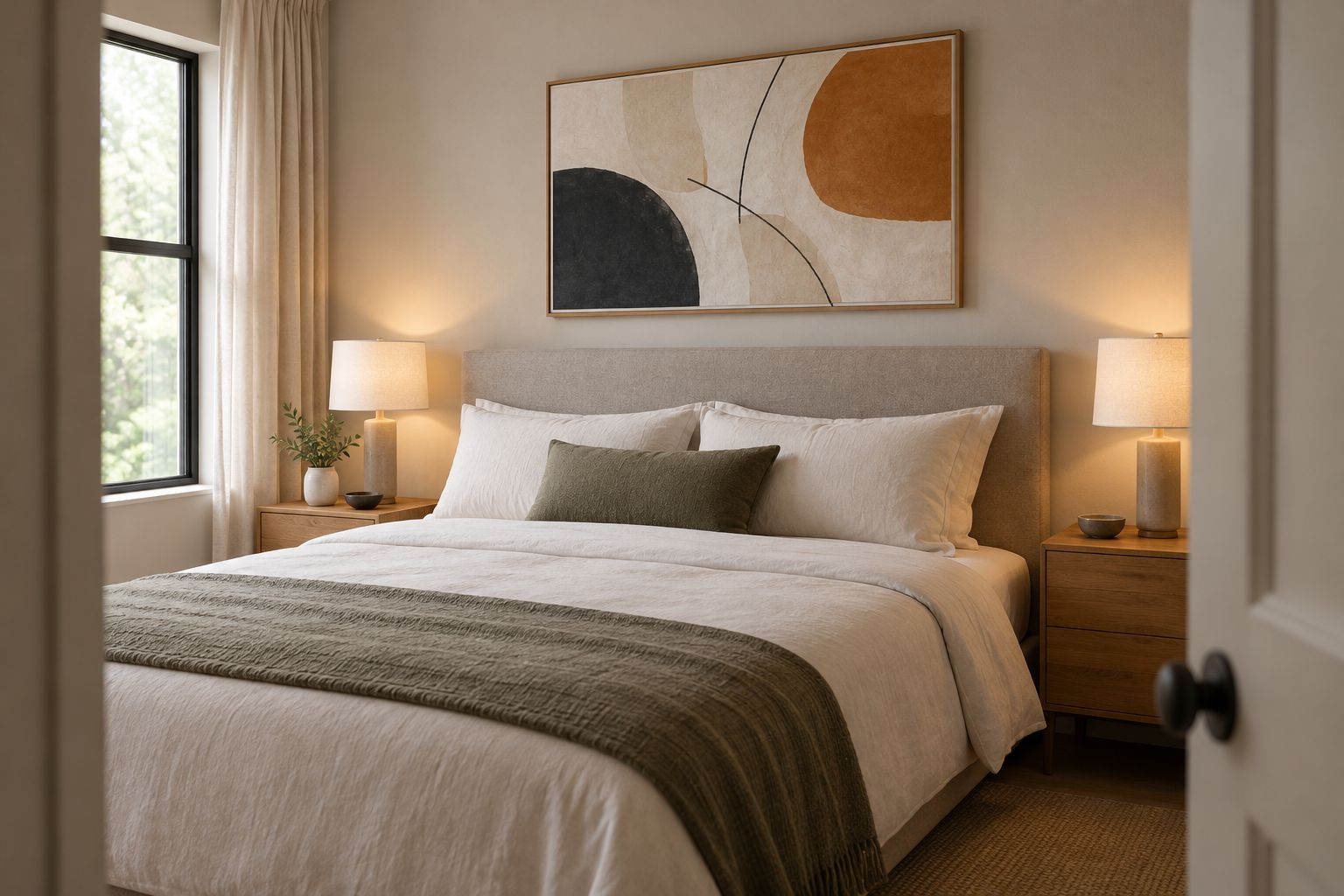 Generic abstract artwork above a bedroom headboard with simple bedding and uncluttered bedside tables.
