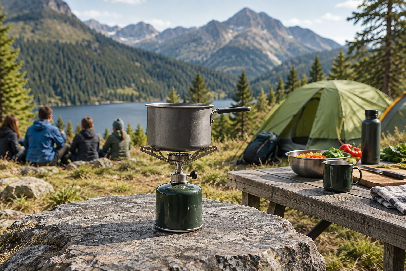 Outdoor cooking station with a single-burner stove and a separate preparation table