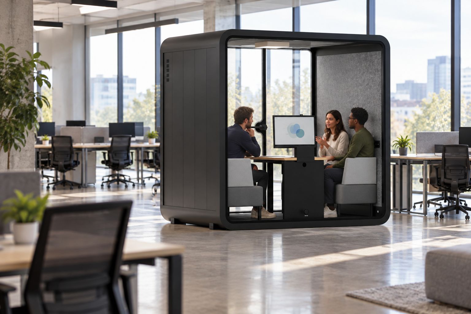 Three colleagues meeting inside a booth beside shared office desks