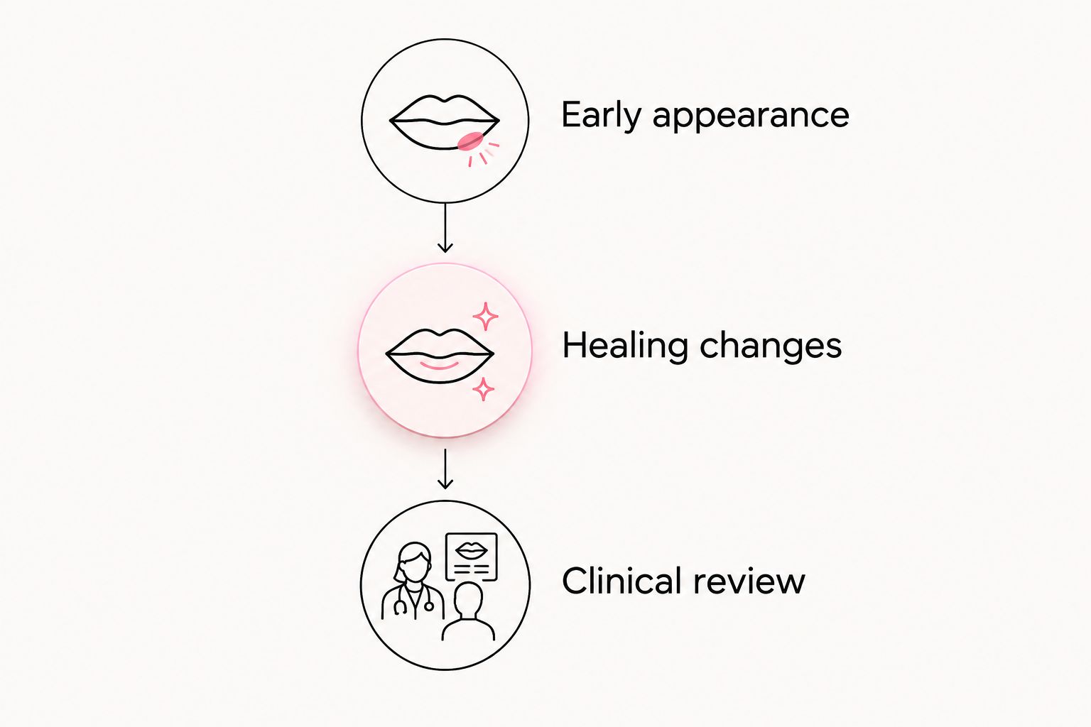 Three checkpoints from the early lip filler appearance through healing to a clinical review.