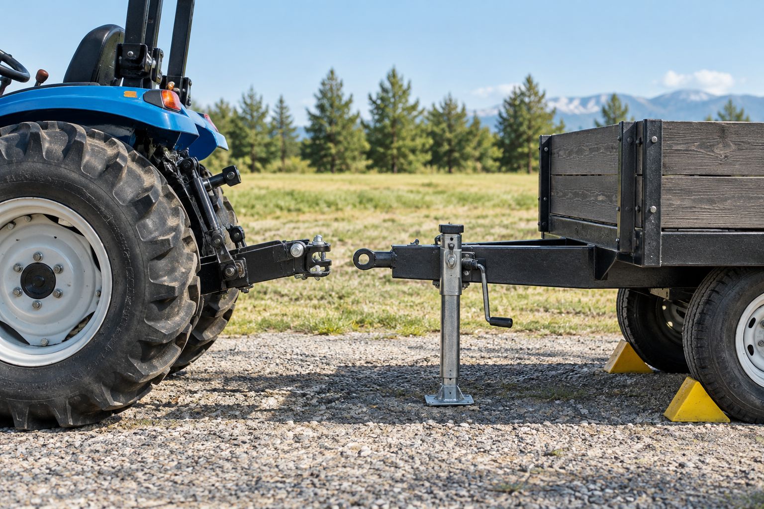 Parked tractor beside a chocked trailer with its drawbar supported on a jack
