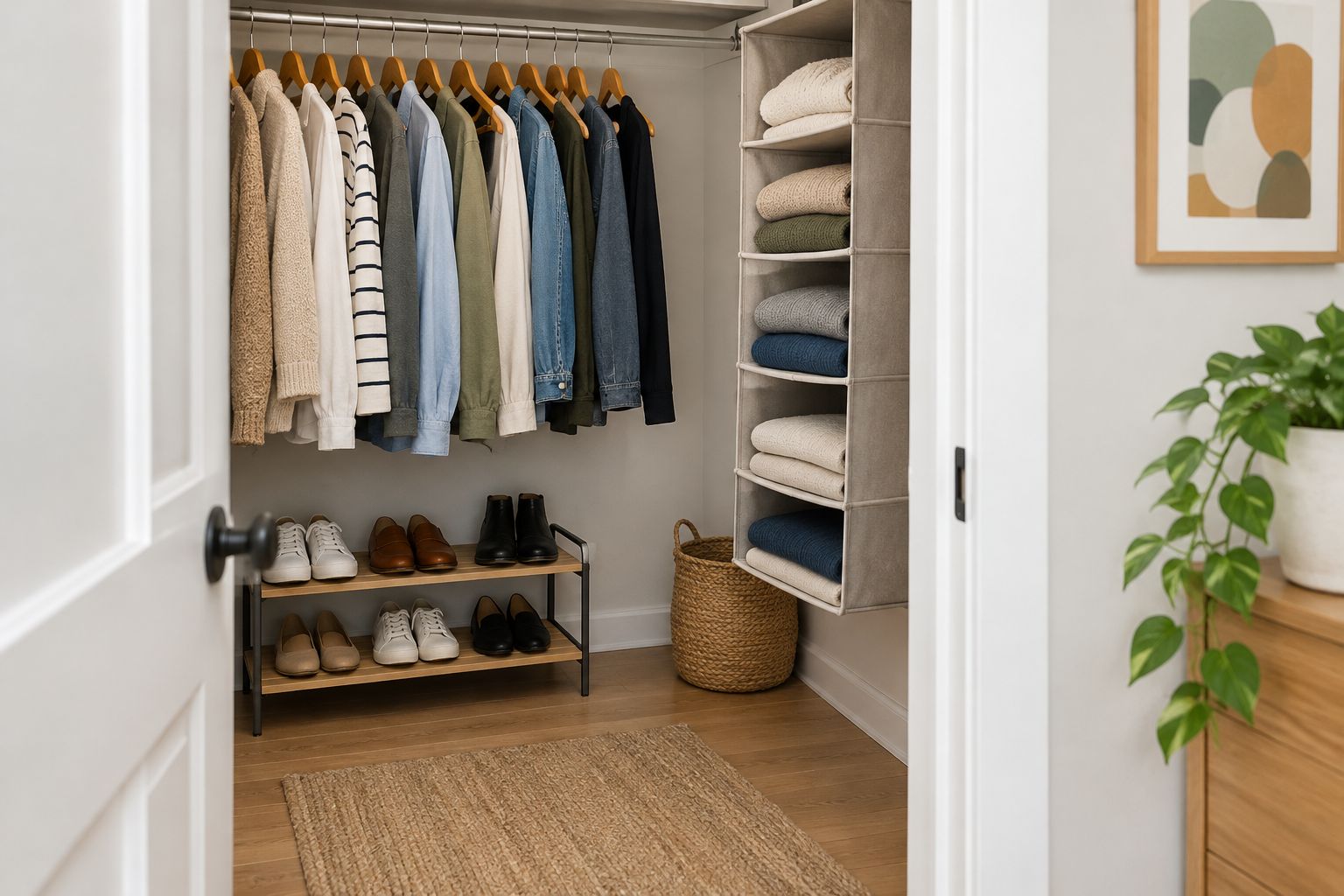 Rental closet with hanging clothes, folded sweaters, a low shoe rack, and clear floor access