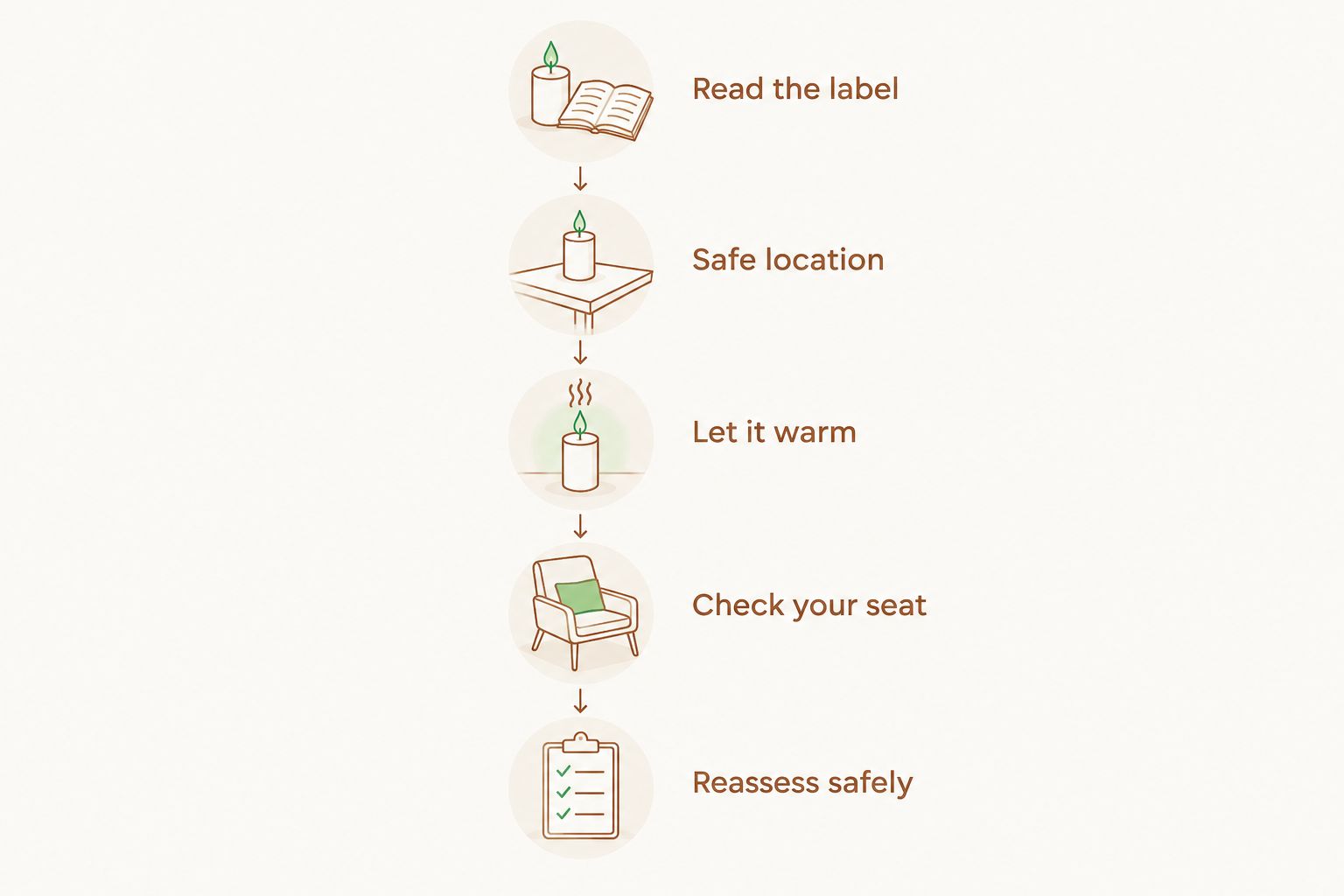 Five steps for assessing candle fragrance safely, from reading the label to checking scent at your seat