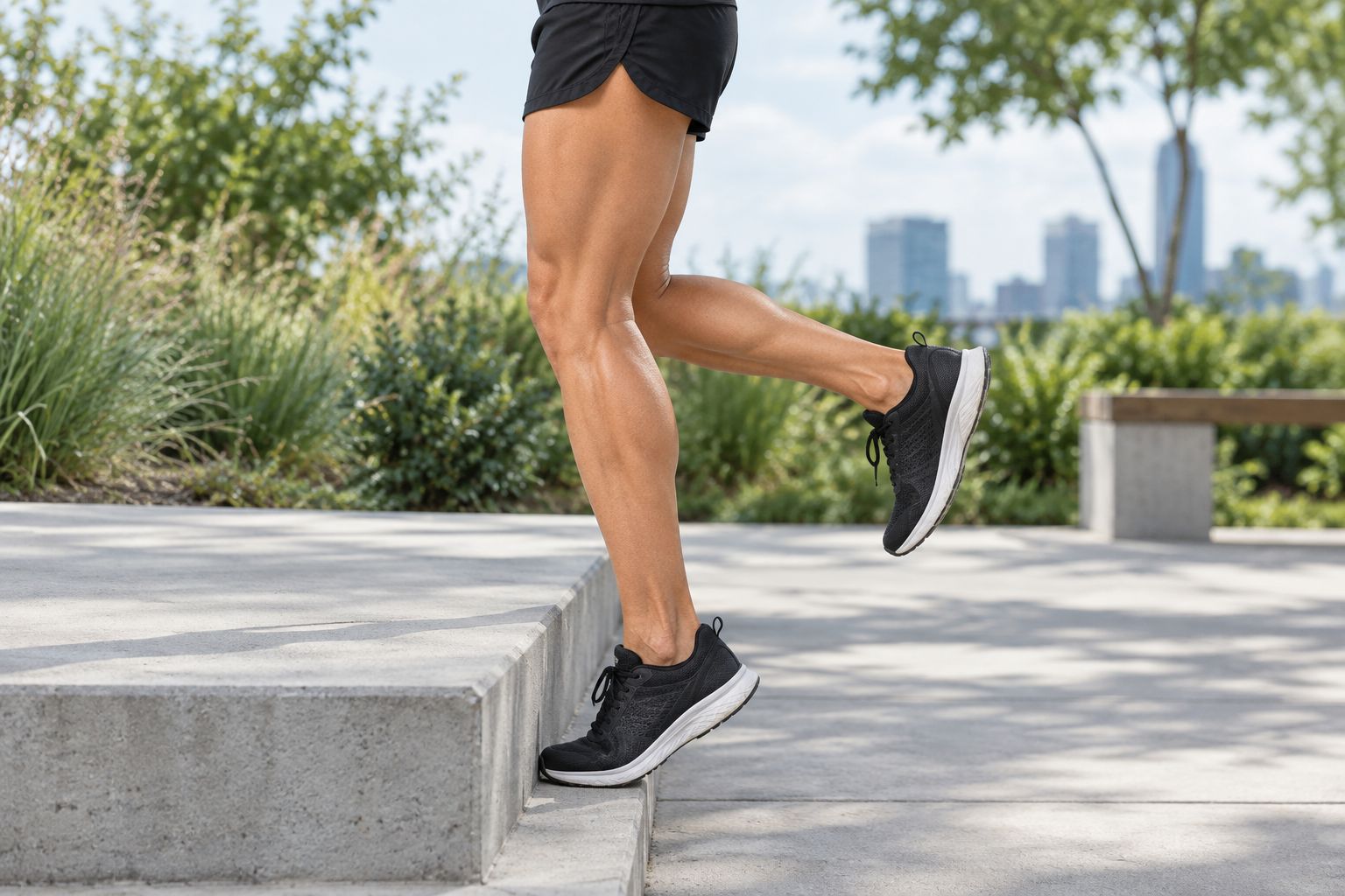Runner performing an eccentric calf heel drop on a step