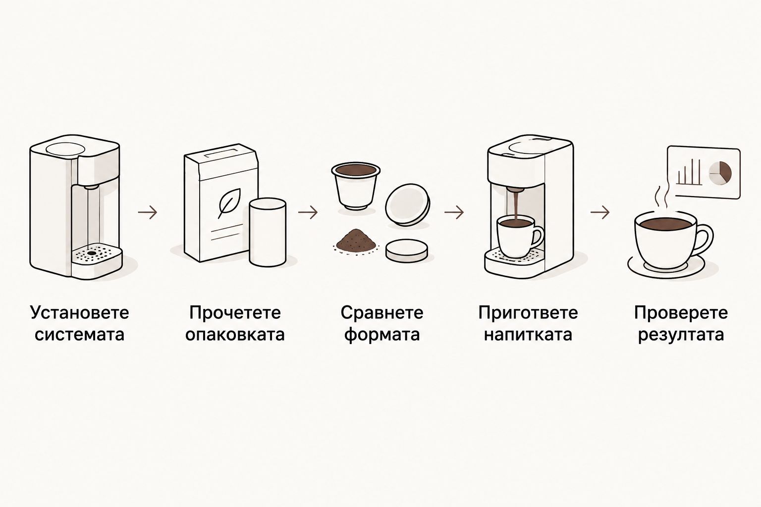 Последователни проверки на системата, опаковката и капсулата преди приготвяне на кафе