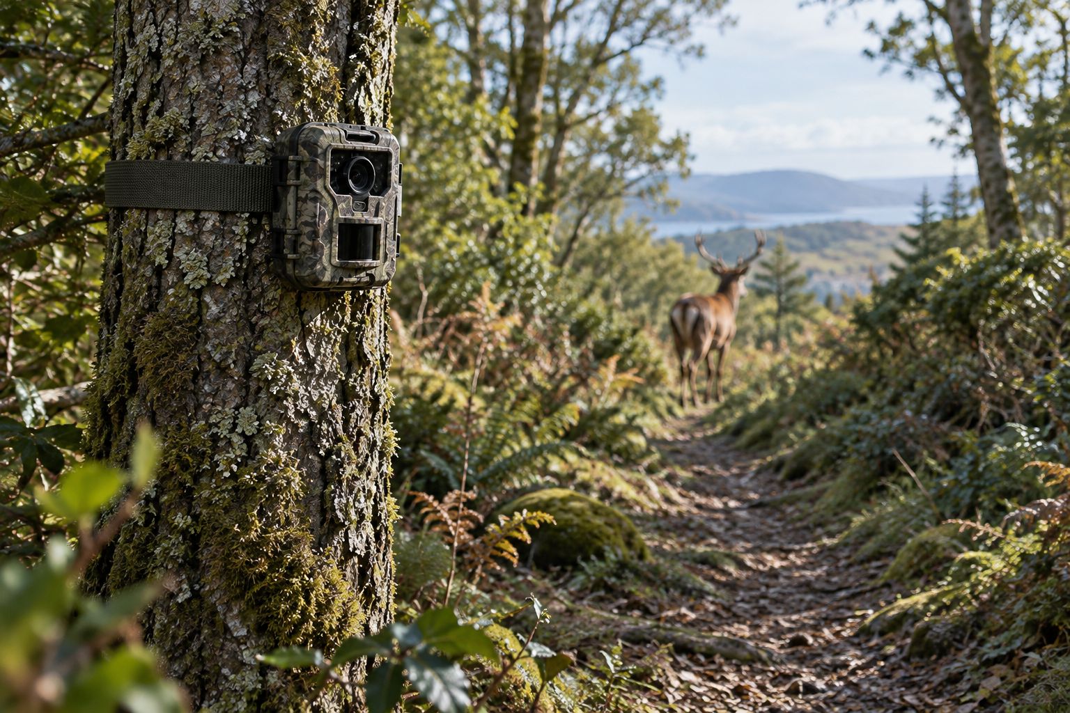 Trail camera on a tree facing an open section of a woodland animal path