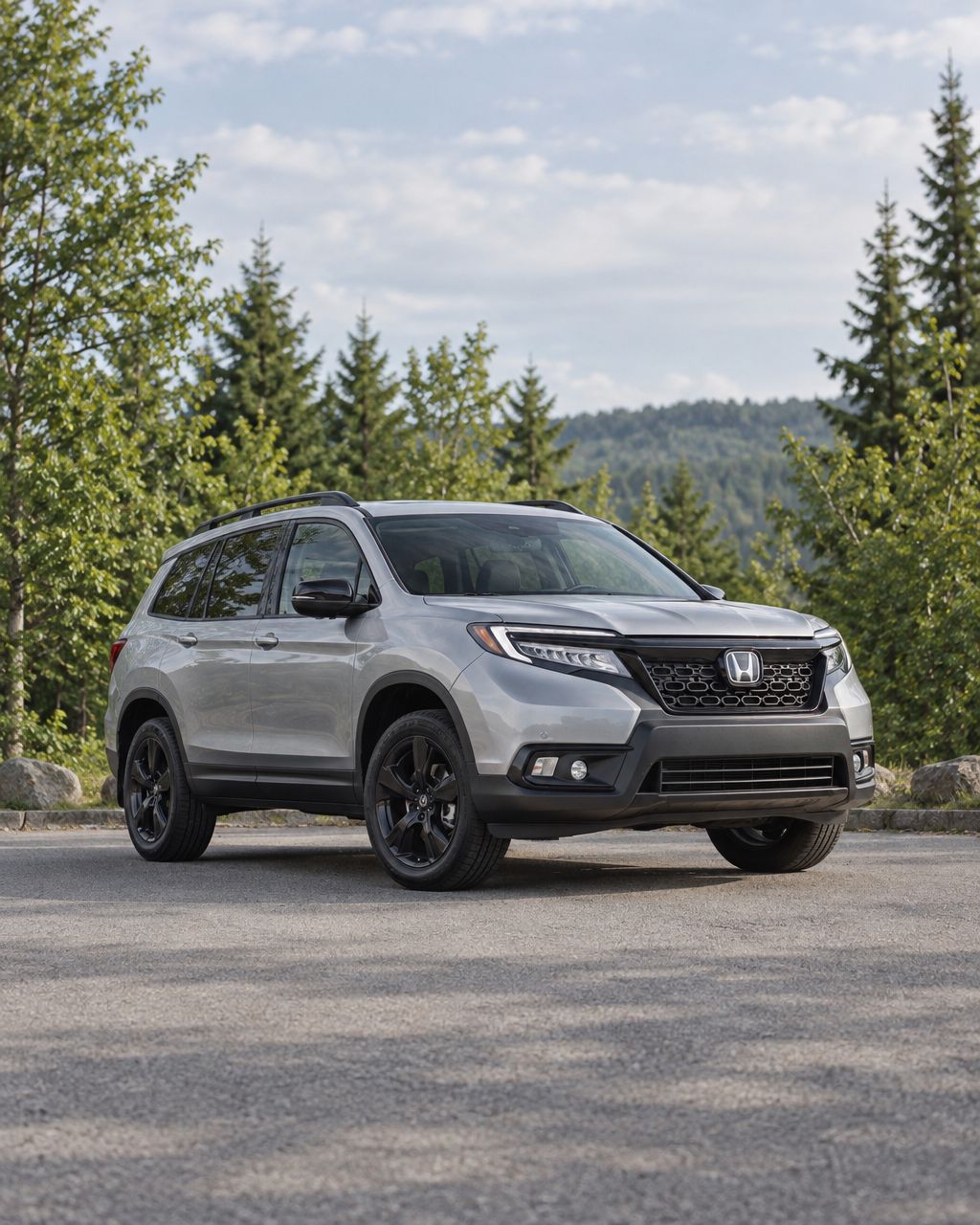 Illustrative outdoor photograph of a silver Honda SUV beside trees