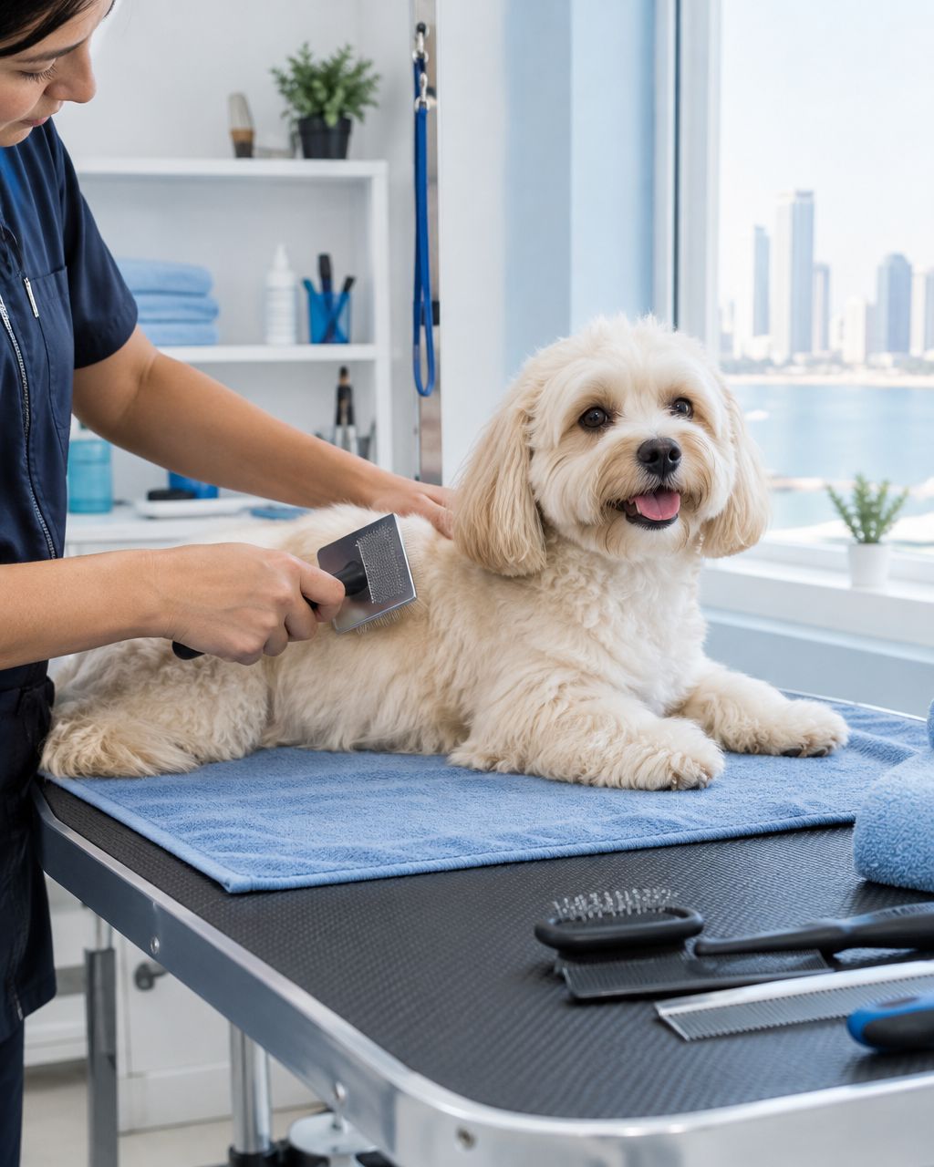 Illustrative image of a groomer brushing a cream-coloured dog in a grooming salon