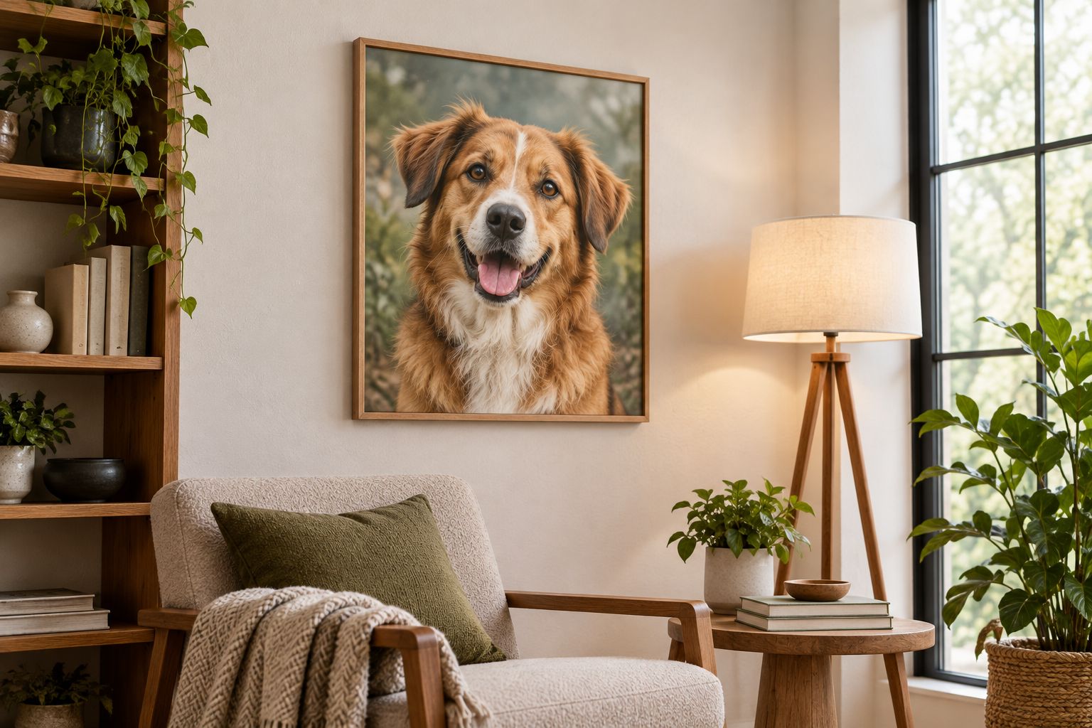 Framed dog photograph displayed above a chair on a quiet living-room wall