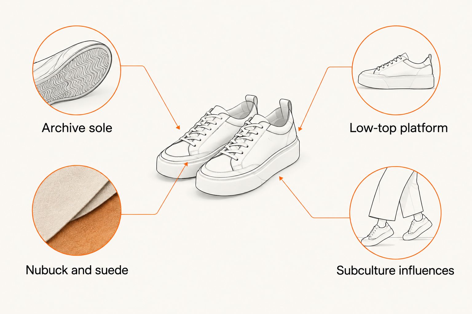 Two-column comparison of archive-sole details and low-top platform details