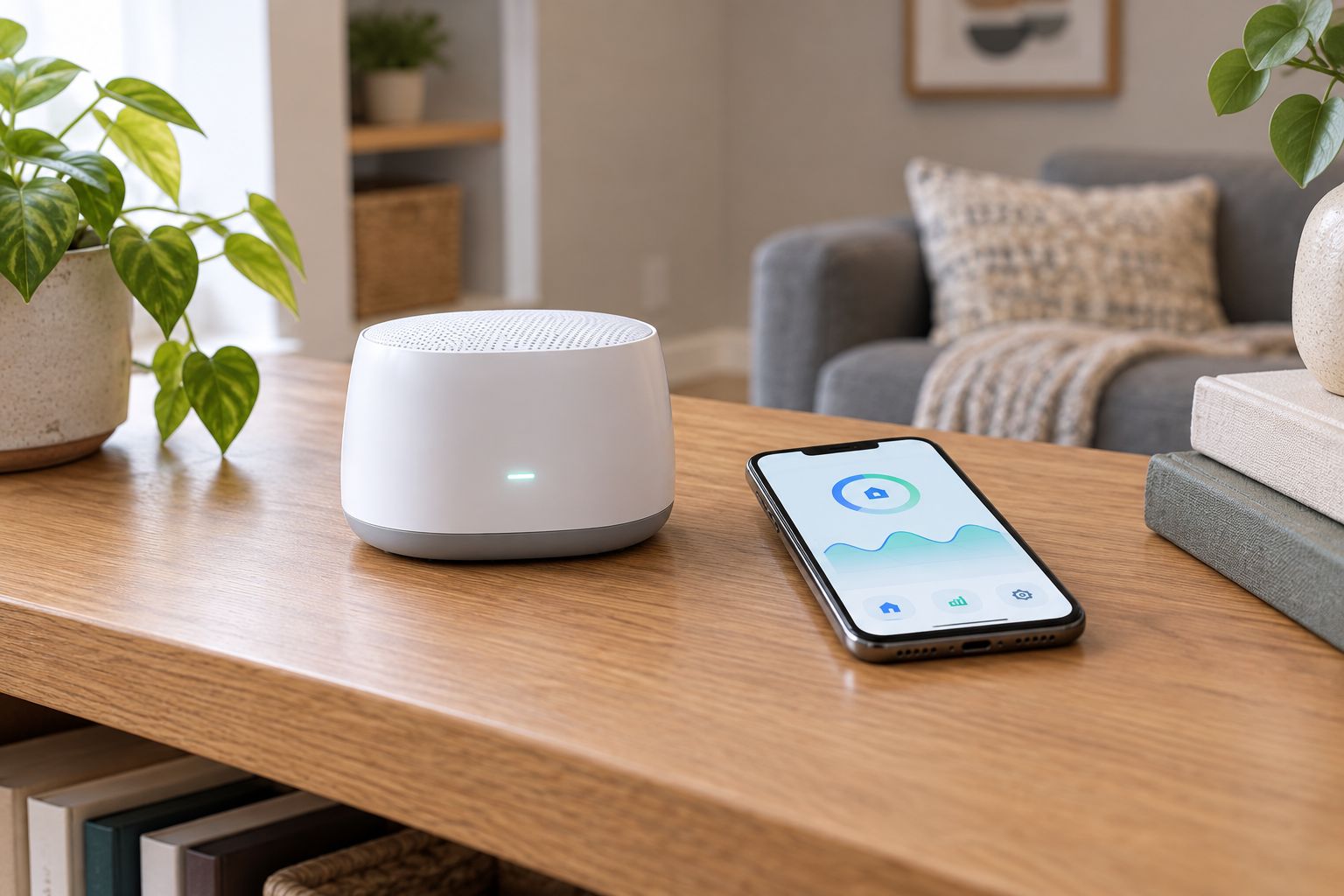 Continuous radon monitor placed on a basement shelf near a smartphone showing a reading graph