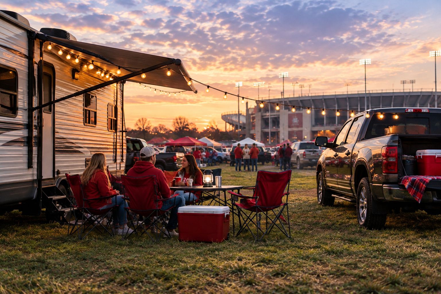 RV and truck parked overnight in a tailgate lot near a college stadium
