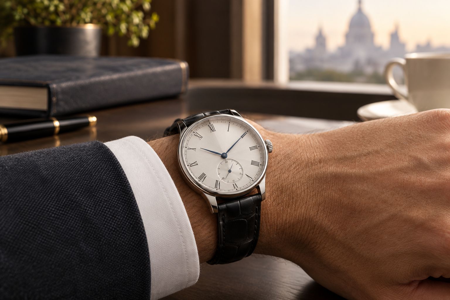 Classic dress watch with silvered dial worn under a shirt cuff