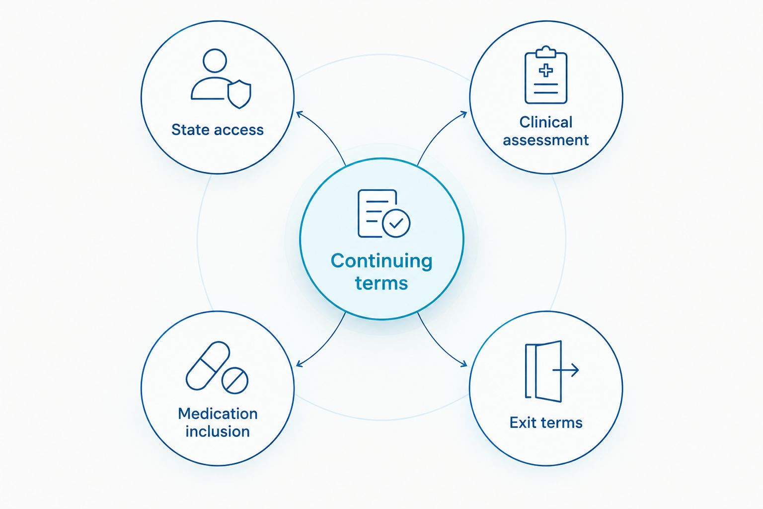 Five connected checks covering access, assessment, medication, continuing terms and exit terms.