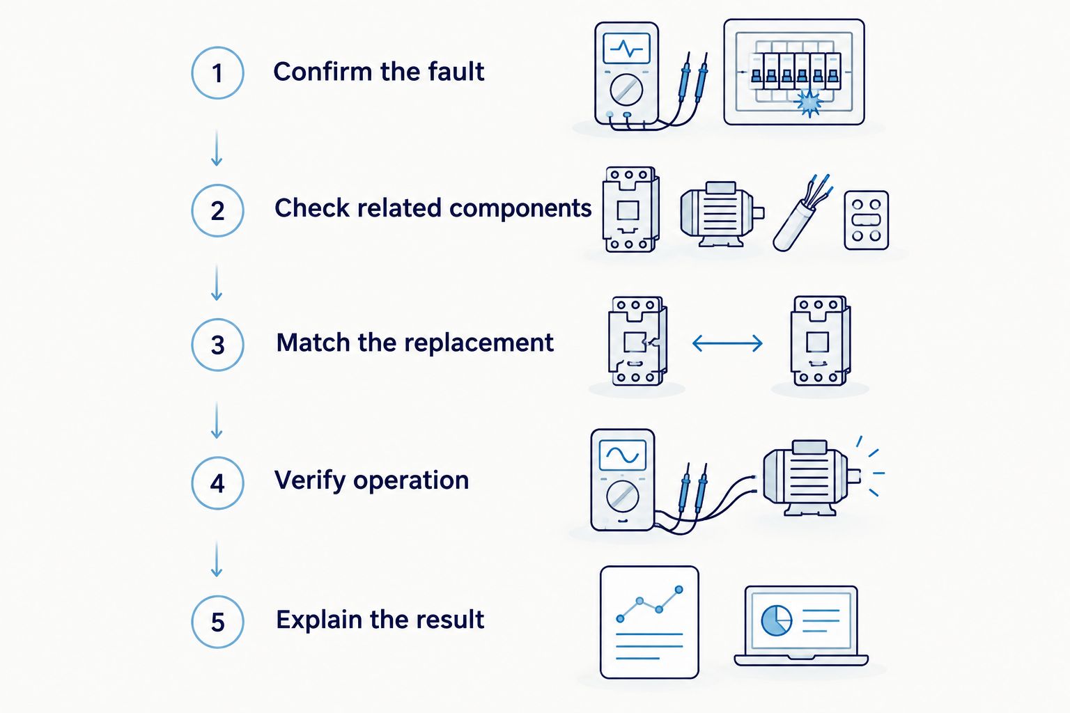Five stages of capacitor repair, from confirming the fault to explaining the result