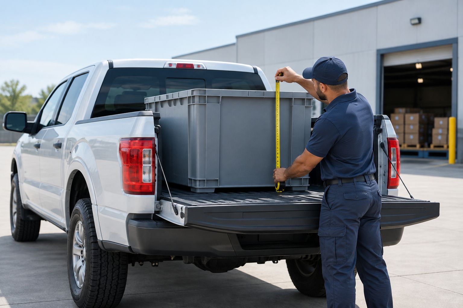 Checking pickup bed access with a tape measure and an empty delivery container
