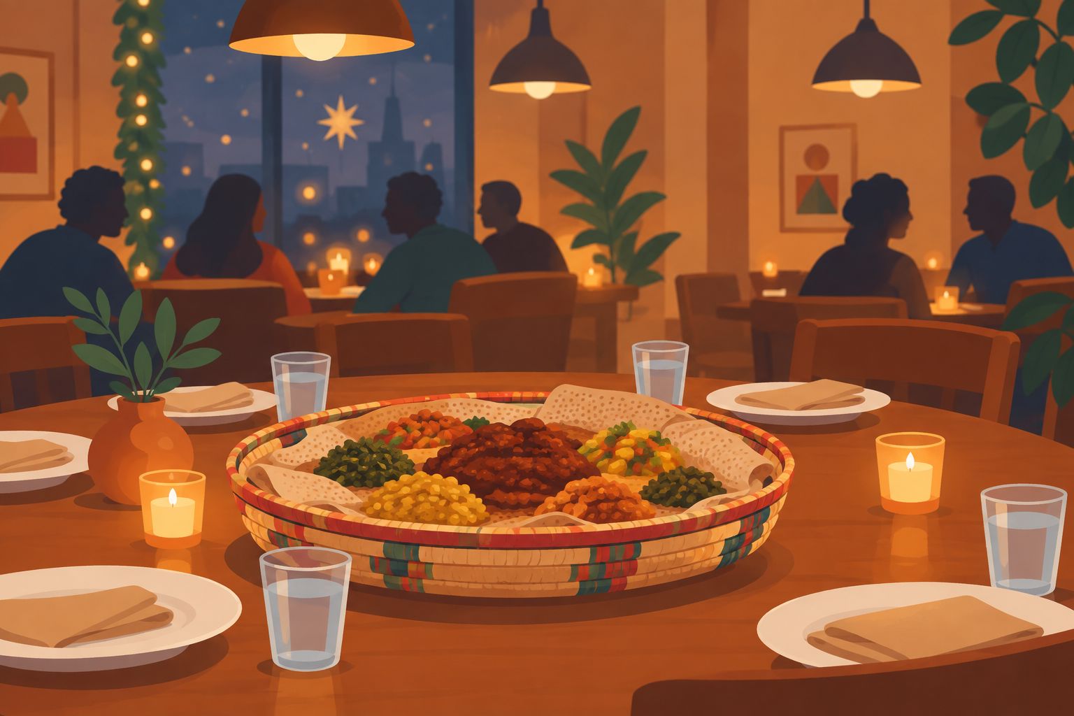 Communal Ethiopian dining table set for a holiday evening gathering