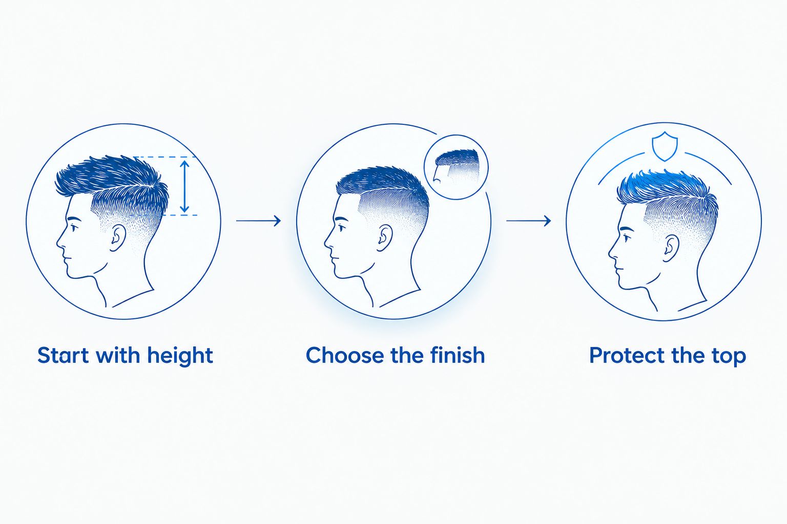 Three haircut consultation steps: choose fade height, choose the finish, and protect the top length.