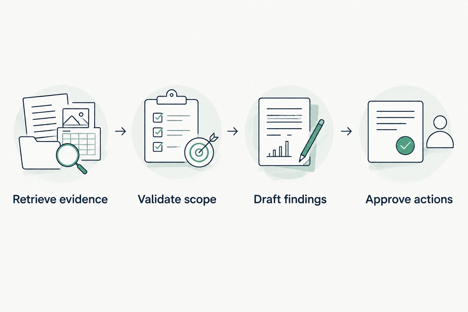 Four steps from evidence retrieval through scope validation to approved actions