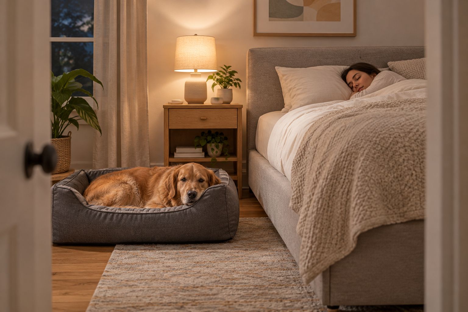 Dog resting in its own sleeping space beside an owner's bed
