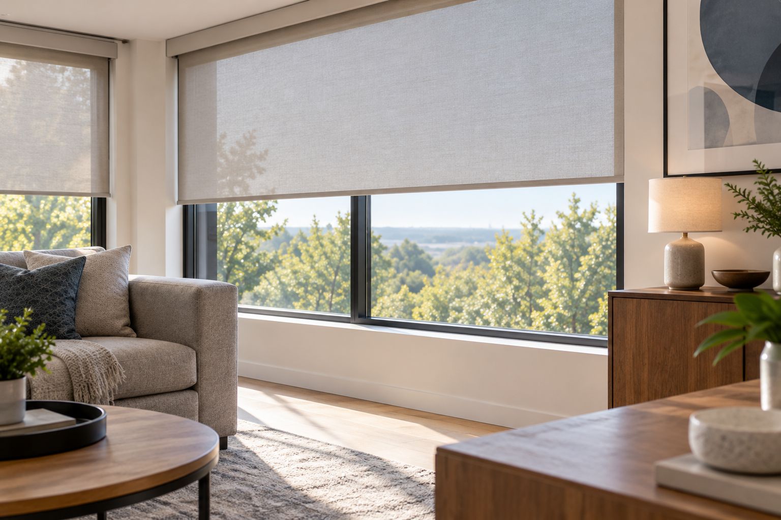Roller shade with a clear travel path and an unobstructed windowsill
