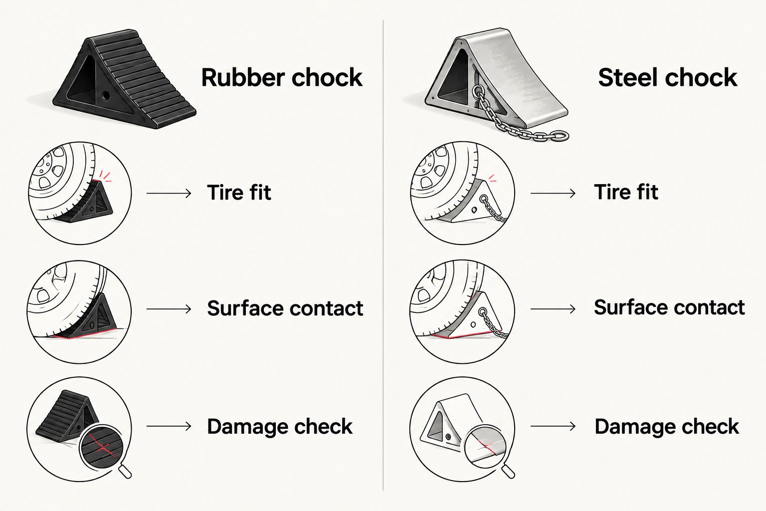Rubber and steel wheel chocks compared by tire fit, surface contact and damage checks