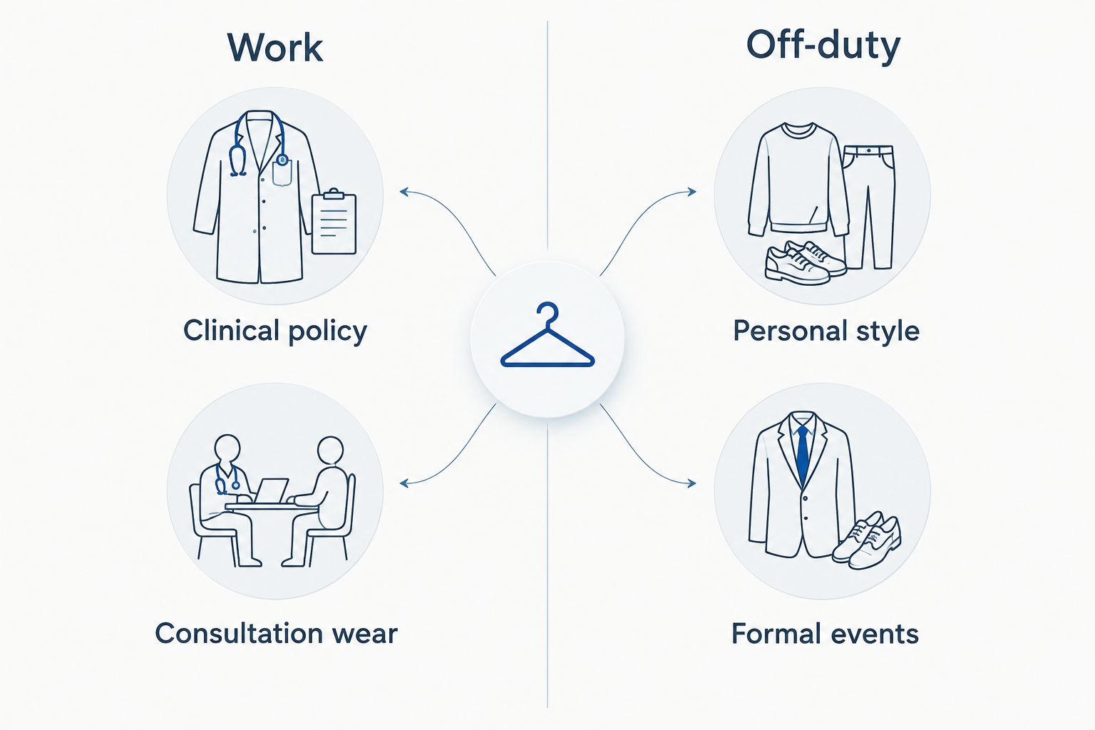 Two wearing contexts: workplace policy and consultations versus personal style and formal events