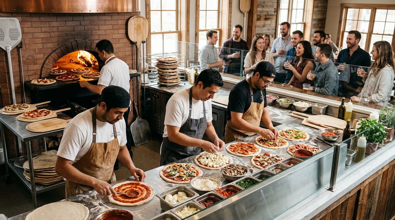 How long does a custom pizza build take for a large group?