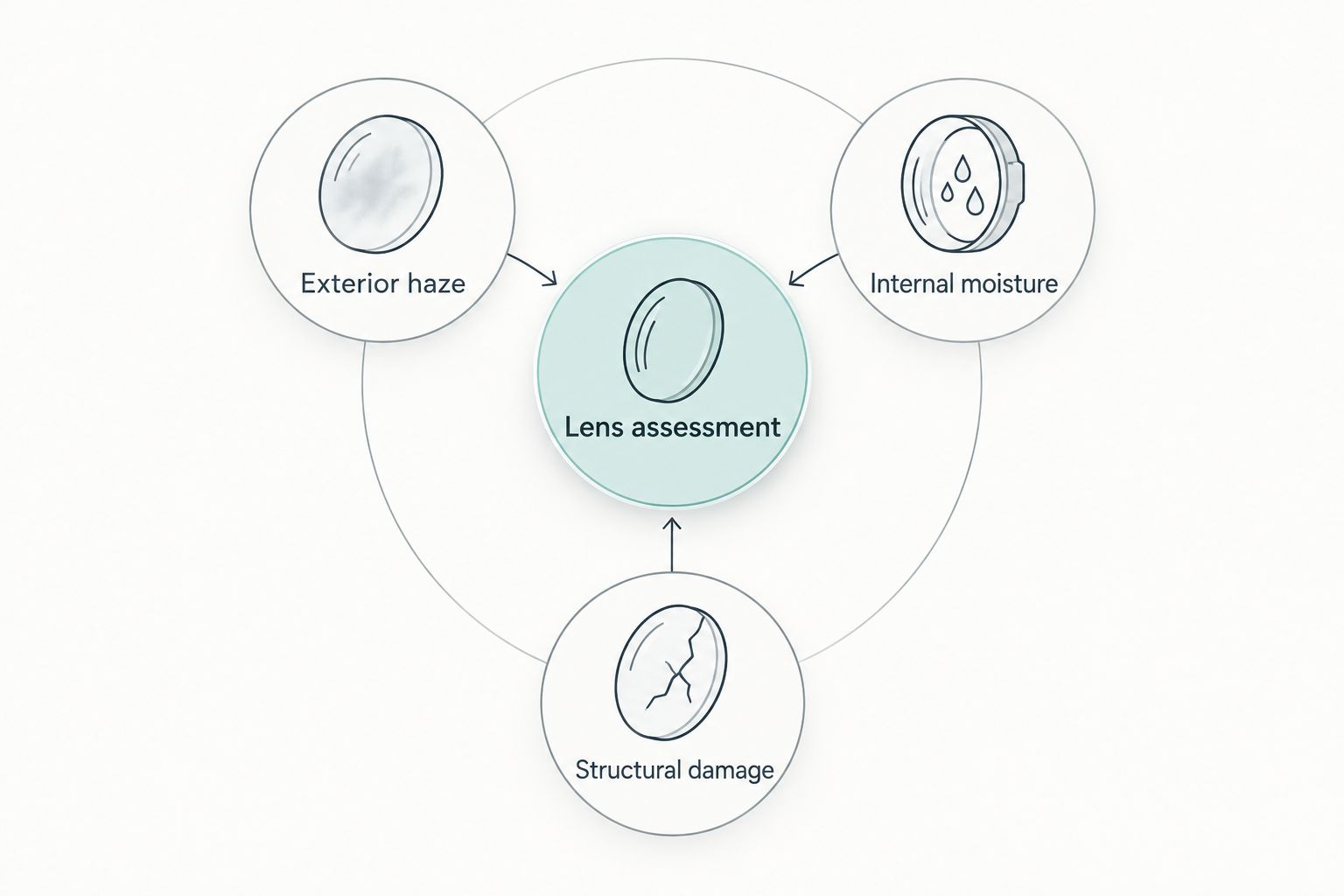 Lens assessment diagram separating exterior haze, internal moisture, and structural damage