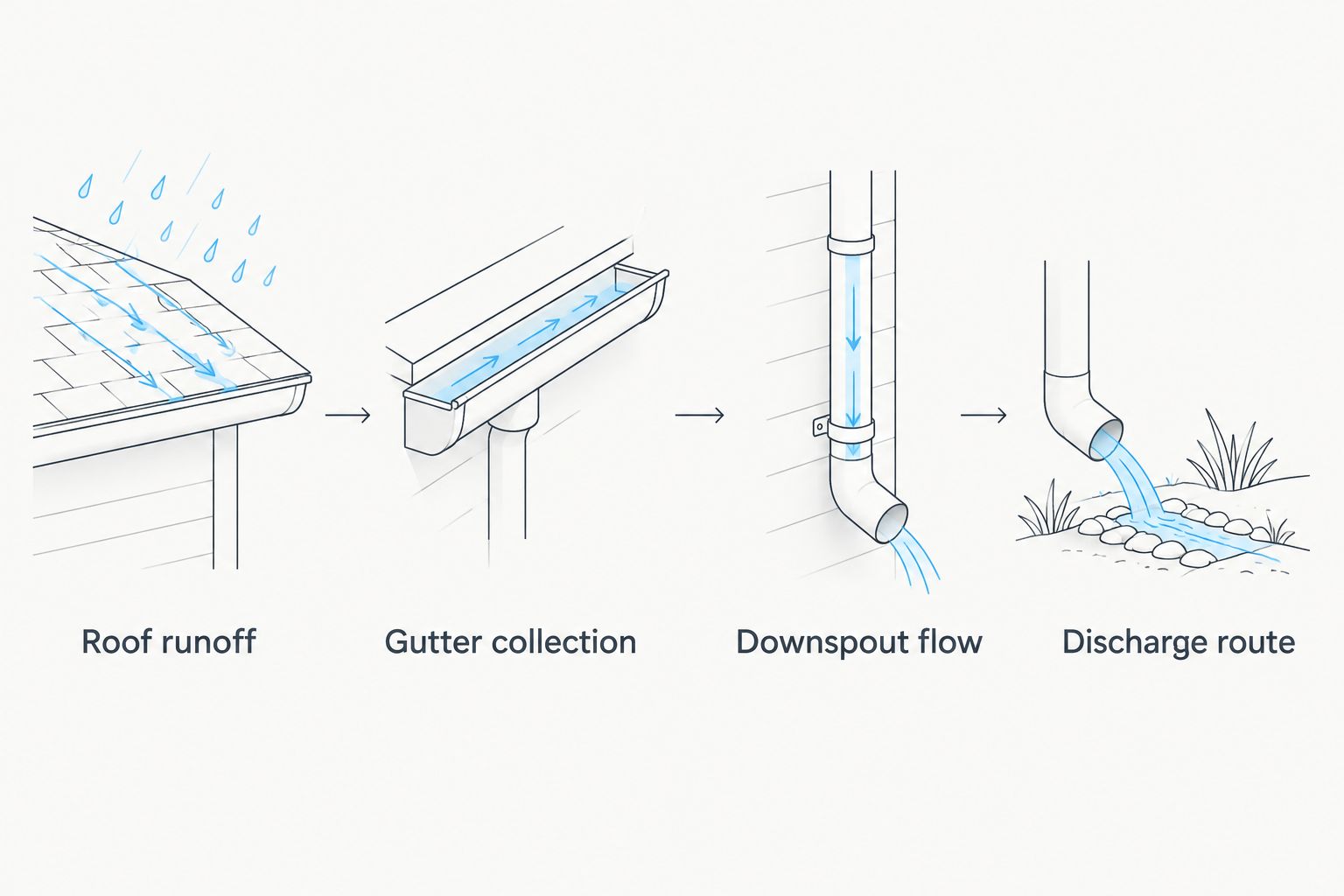 Drainage sequence from roof runoff through gutters and downspouts to the discharge route