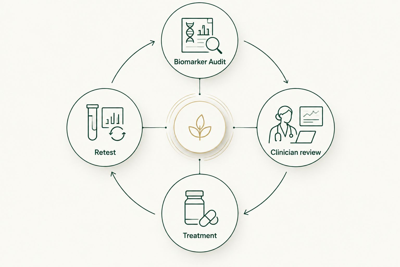 Four-stage care loop from Biomarker Audit to clinician review, treatment and retest
