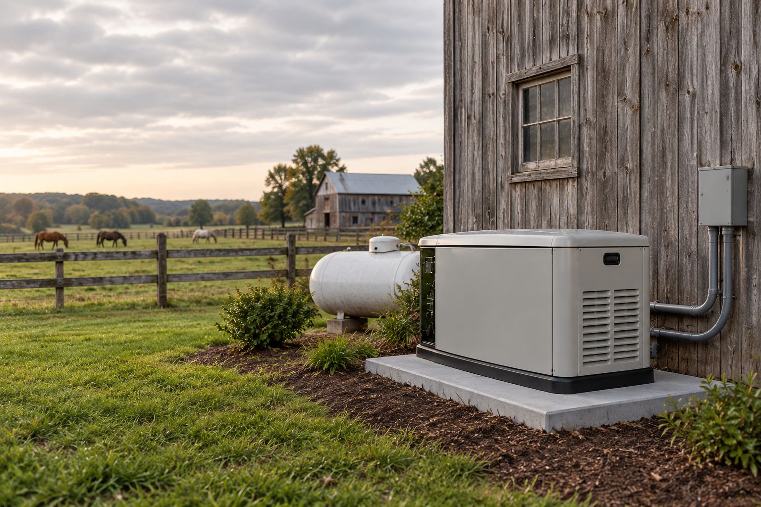 Standby generator installed beside a barn on a hobby farm property