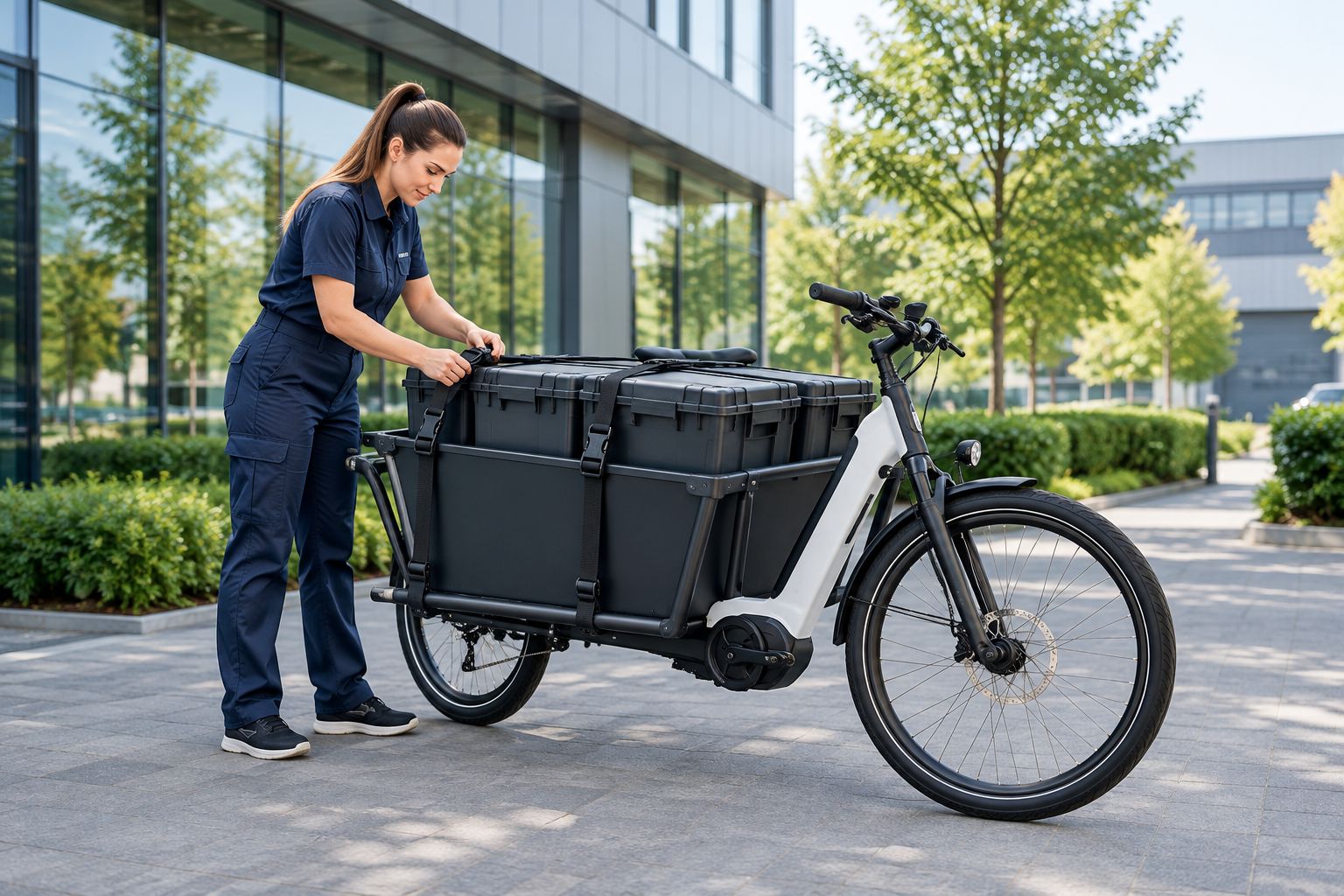 Medewerker controleert gesloten transportkisten en bevestigingsbanden in een elektrische bakfiets.