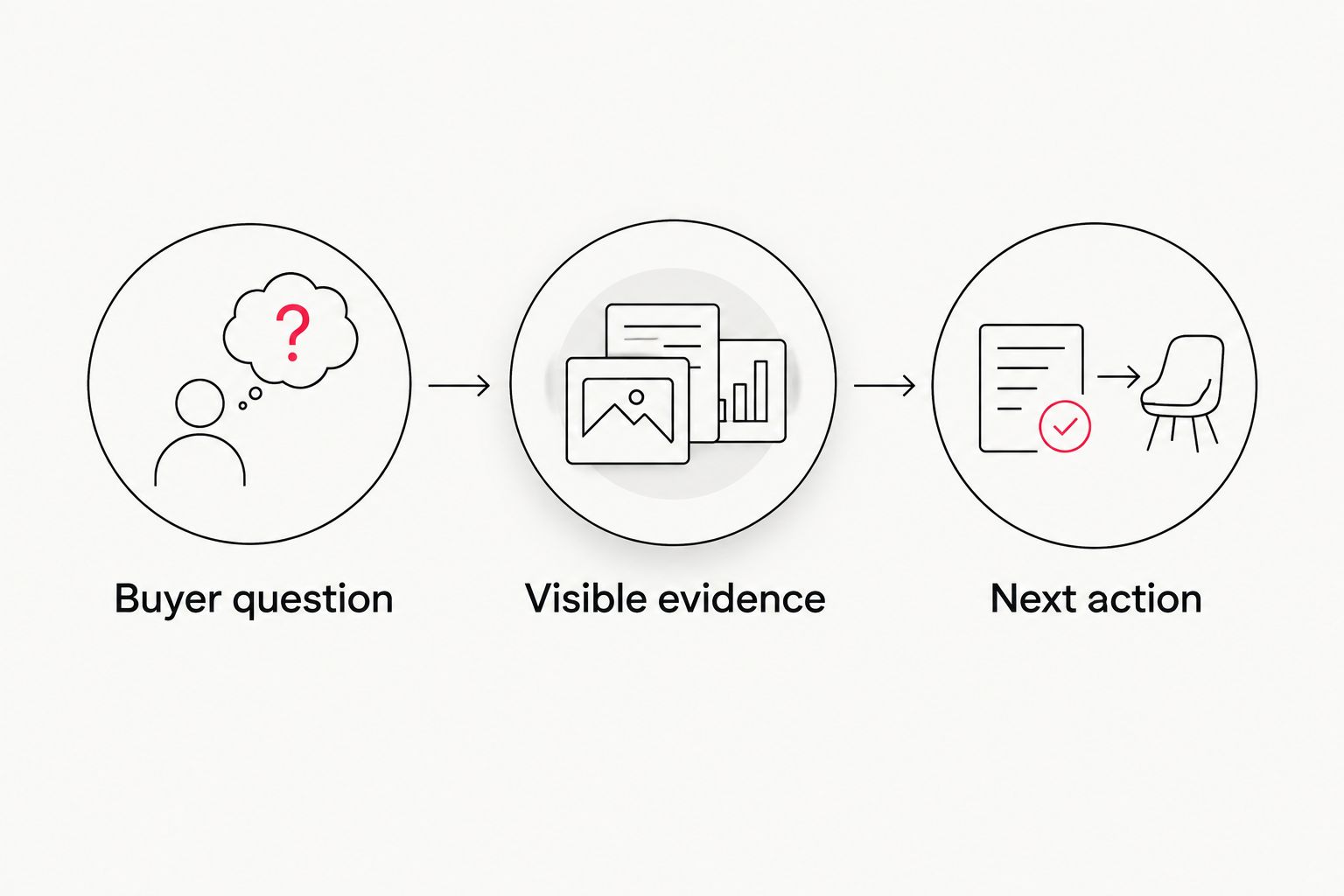 A sequence connecting a buyer question to visible evidence and a next action